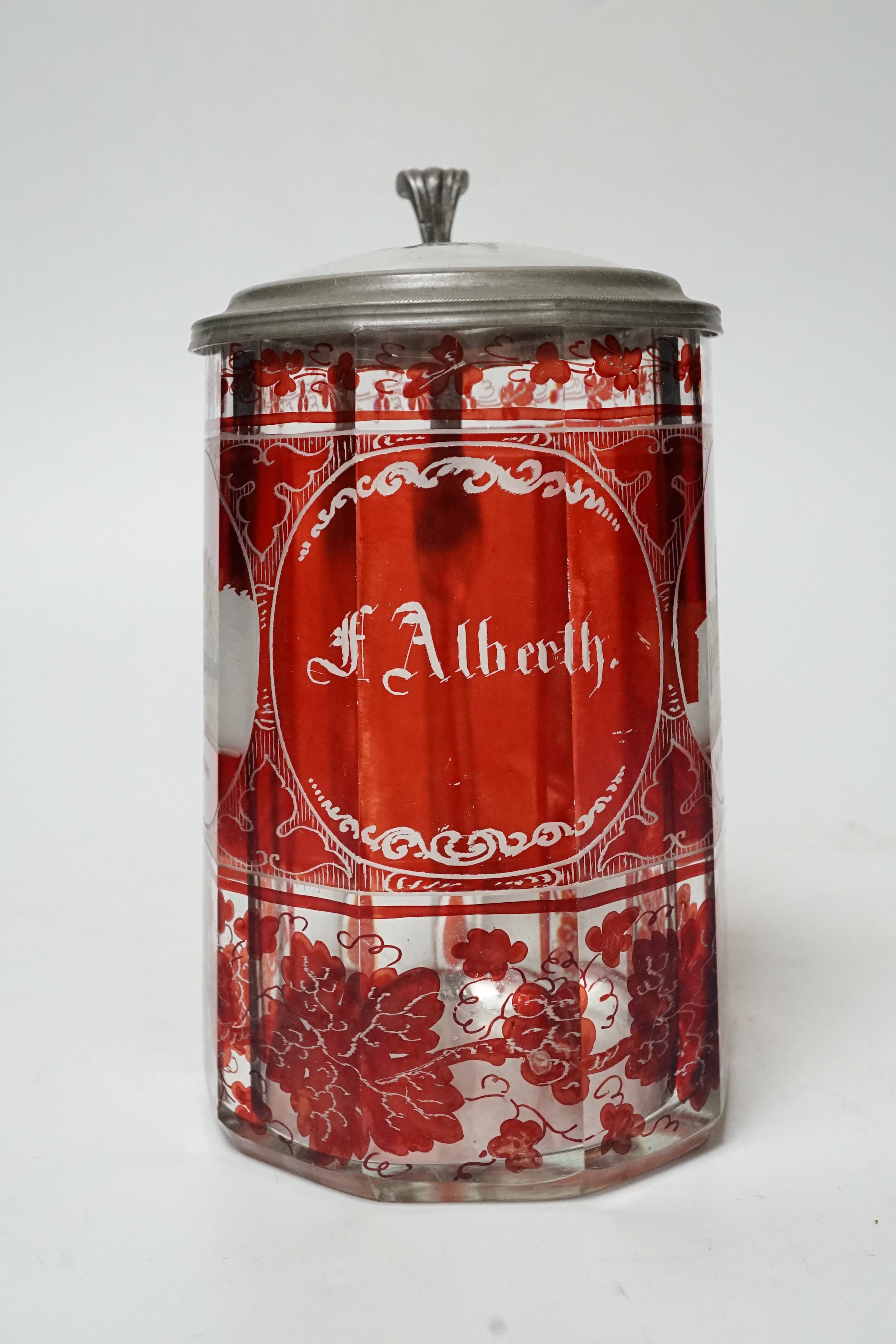 A 19th century Bohemian etched ruby glass pewter mounted tankard